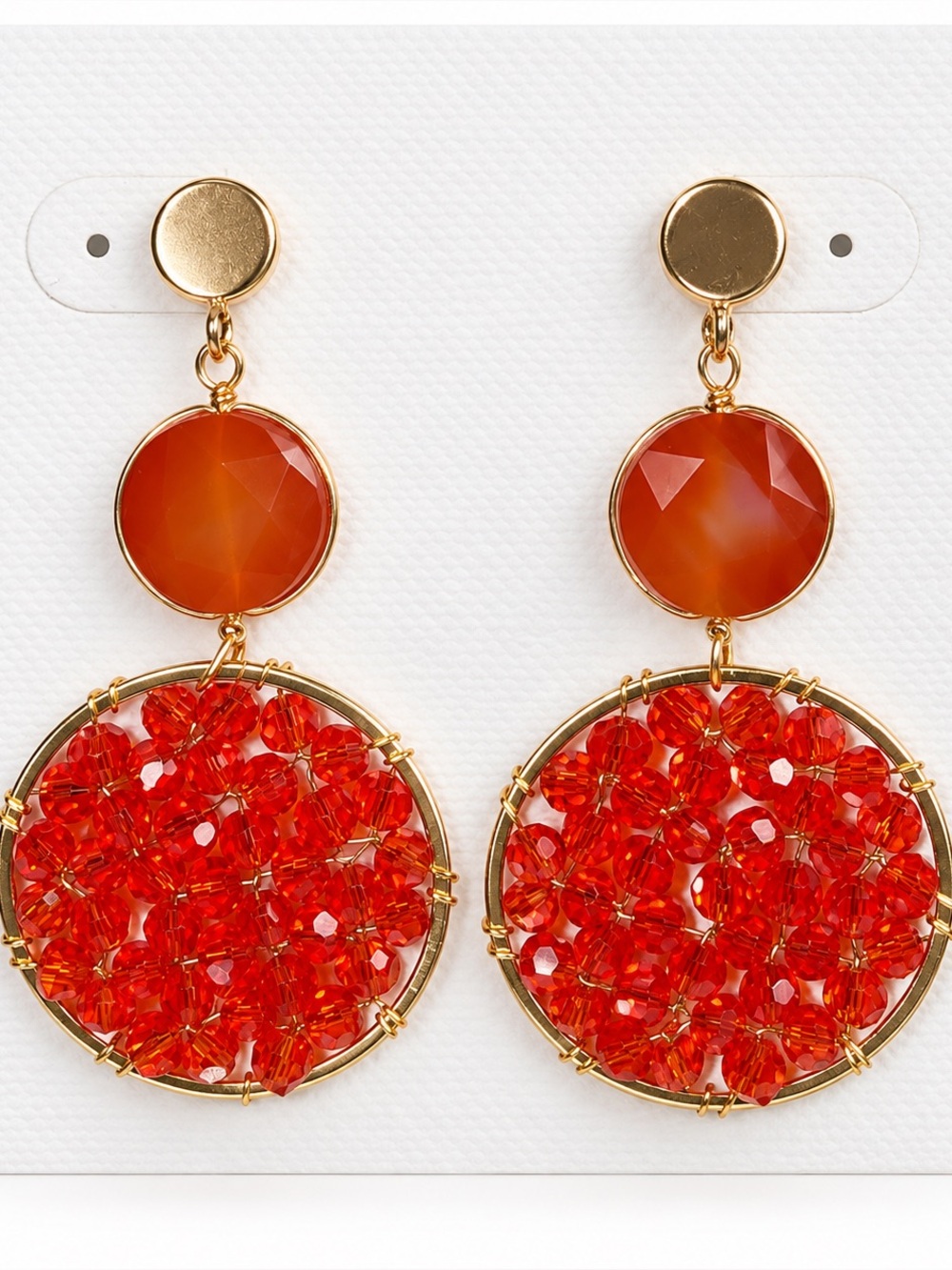 Panacea Orange Red Beaded Statement Drop Earrings Gold Tone NWT